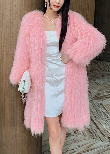 Style Pink V Neck Mink Hair Leather And Fur Long Coats Winter RD014 ABC