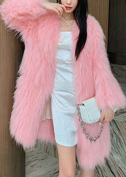 Style Pink V Neck Mink Hair Leather And Fur Long Coats Winter RD014 ABC