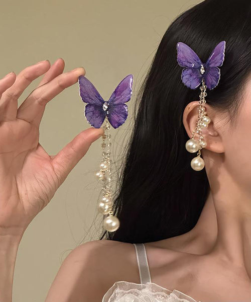 Butterfly Hairpin Style Zircon Tassel Pearl Purple Alloy FashionChic