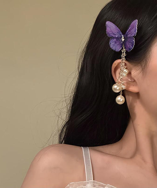 Butterfly Hairpin Style Zircon Tassel Pearl Purple Alloy FashionChic