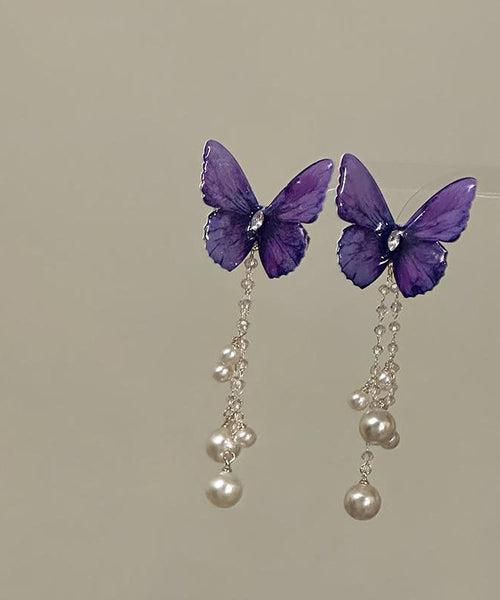 Butterfly Hairpin Style Zircon Tassel Pearl Purple Alloy FashionChic