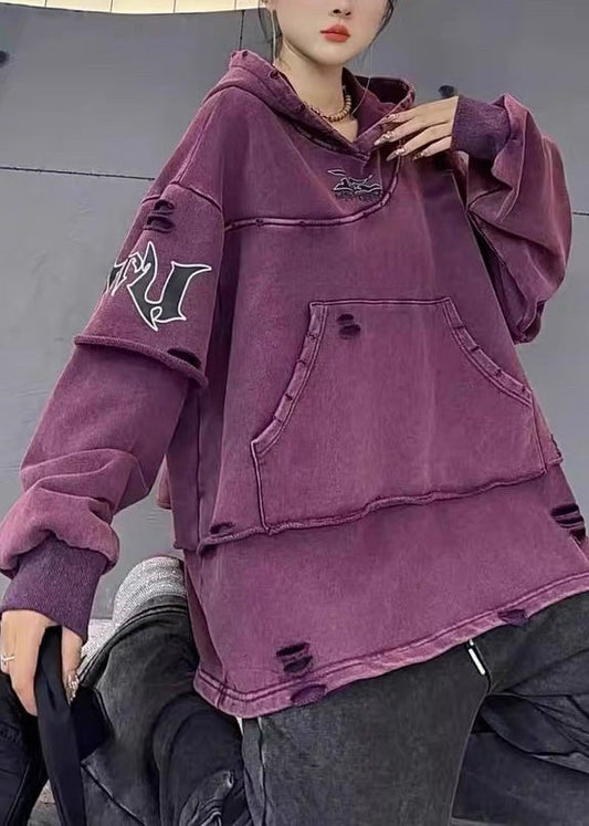 Style Purple Hooded Pockets Patchwork Cotton Sweatshirts Top Fall RU031 ABC