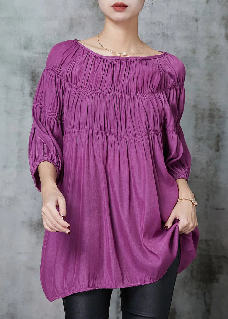 Style Purple Slash Neck Wrinkled Cotton Shirt Bracelet Sleeve Ada Fashion
