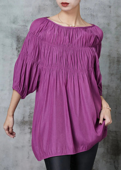 Style Purple Slash Neck Wrinkled Cotton Shirt Bracelet Sleeve Ada Fashion