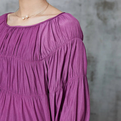 Style Purple Slash Neck Wrinkled Cotton Shirt Bracelet Sleeve Ada Fashion