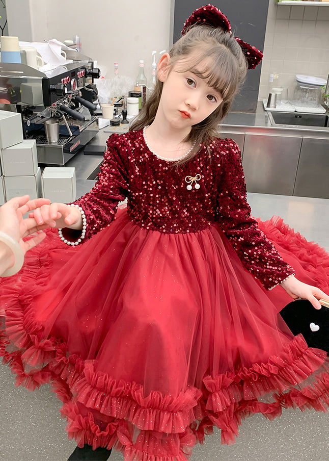 Style Long Spring Patchwork Girls Dresses Nail Red Bead Tulle FashionChic