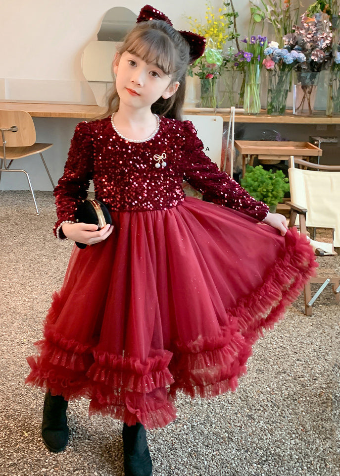 Style Long Spring Patchwork Girls Dresses Nail Red Bead Tulle FashionChic