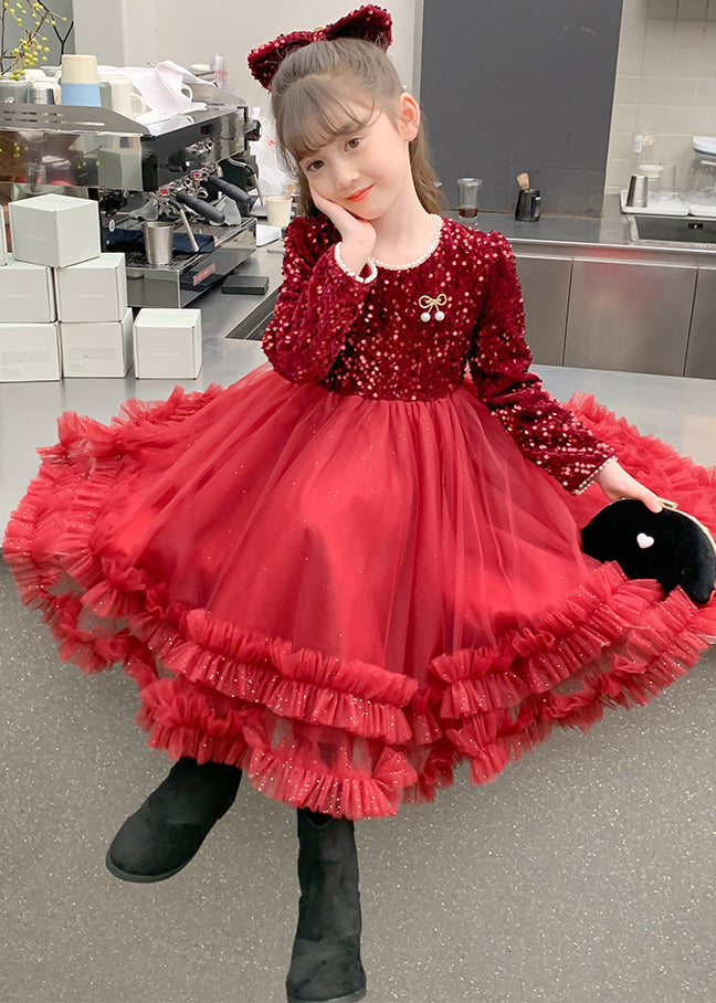 Style Long Spring Patchwork Girls Dresses Nail Red Bead Tulle FashionChic