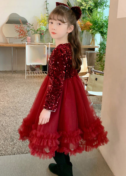 Style Long Spring Patchwork Girls Dresses Nail Red Bead Tulle FashionChic