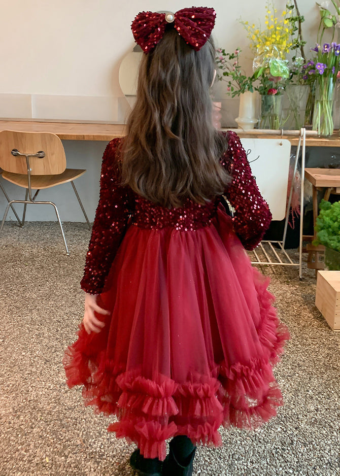 Style Long Spring Patchwork Girls Dresses Nail Red Bead Tulle FashionChic