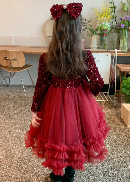 Style Long Spring Patchwork Girls Dresses Nail Red Bead Tulle FashionChic