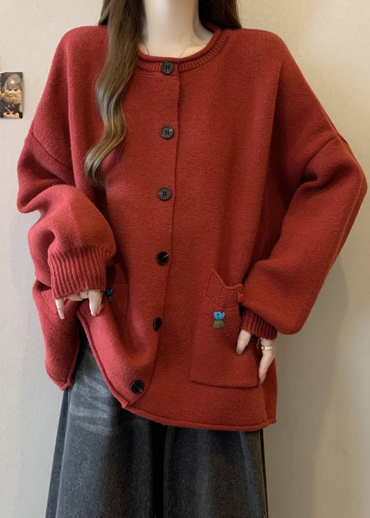 Style Red O Neck Button Pockets Knit Cardigan Winter RG025 ABC