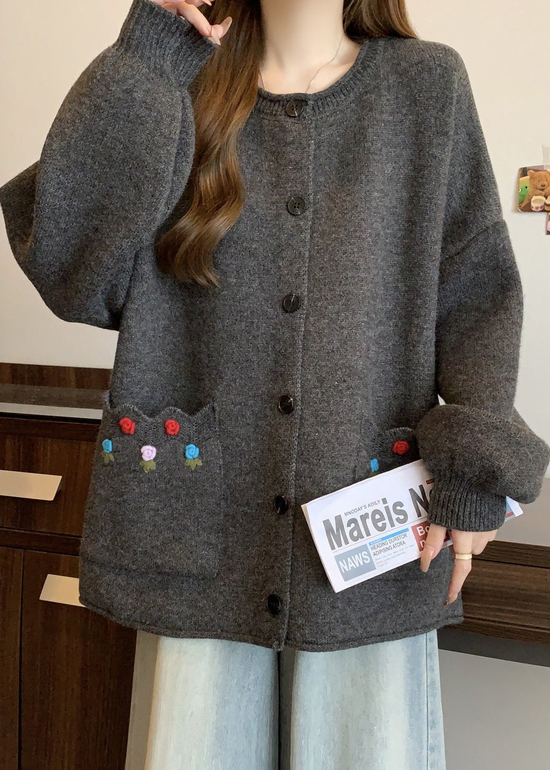 Style Red O Neck Button Pockets Knit Cardigan Winter RG025 ABC