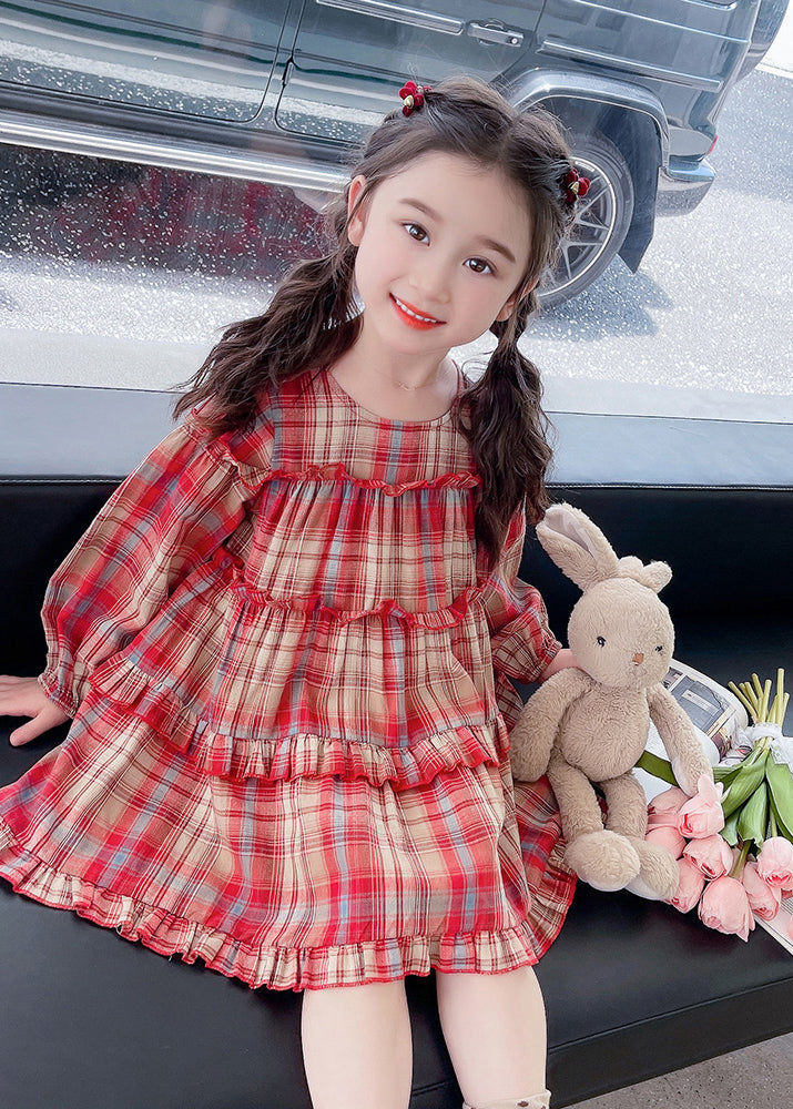 Style Red O-Neck Plaid Patchwork Girls Maxi Dress Long Sleeve SS1046 MM-RCTZ-FDL240601