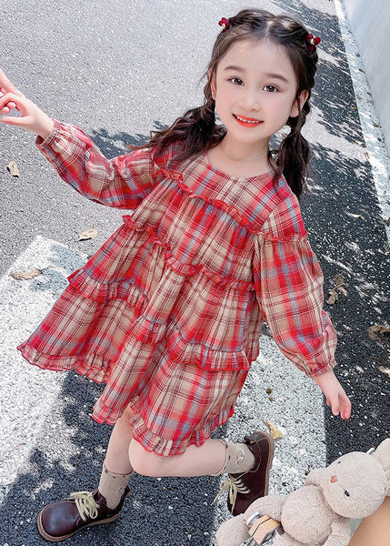 Style Red O-Neck Plaid Patchwork Girls Maxi Dress Long Sleeve SS1046 MM-RCTZ-FDL240601