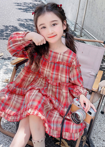Style Red O-Neck Plaid Patchwork Girls Maxi Dress Long Sleeve SS1046 MM-RCTZ-FDL240601