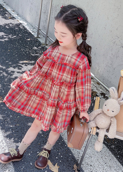 Style Red O-Neck Plaid Patchwork Girls Maxi Dress Long Sleeve SS1046 MM-RCTZ-FDL240601