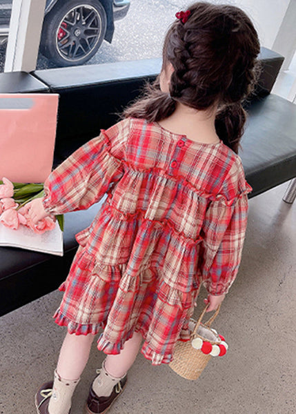 Style Red O-Neck Plaid Patchwork Girls Maxi Dress Long Sleeve SS1046 MM-RCTZ-FDL240601