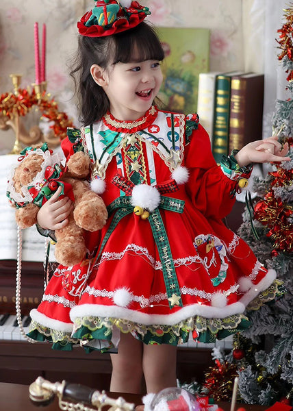 Style Red Print Warm Fleece Party Kids Mid Dress Winter RP035 ABC