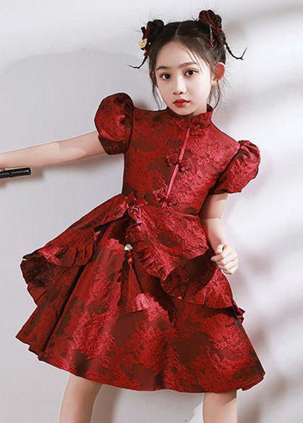 Stand Style Asymmetrical Maxi Kids Red Ruffled Collar Dresses FashionChic