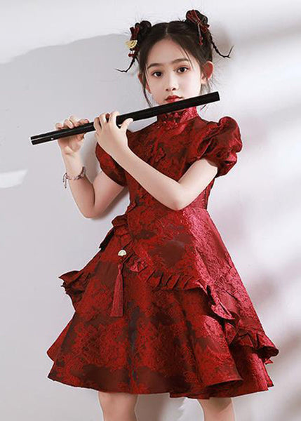 Stand Style Asymmetrical Maxi Kids Red Ruffled Collar Dresses FashionChic