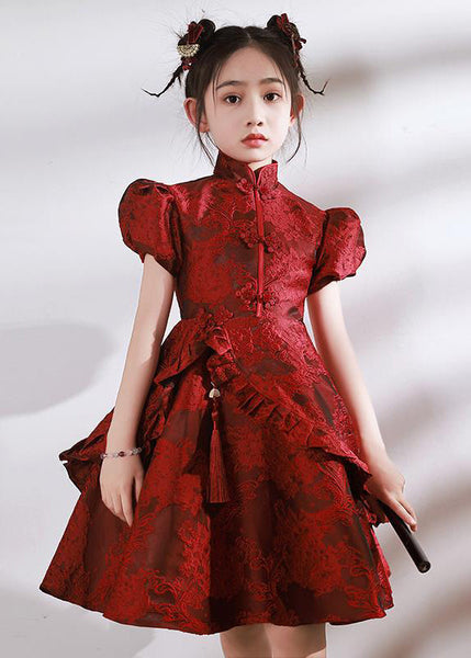 Stand Style Asymmetrical Maxi Kids Red Ruffled Collar Dresses FashionChic