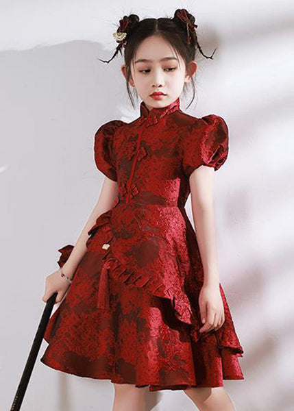 Stand Style Asymmetrical Maxi Kids Red Ruffled Collar Dresses FashionChic