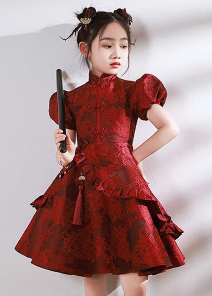 Stand Style Asymmetrical Maxi Kids Red Ruffled Collar Dresses FashionChic