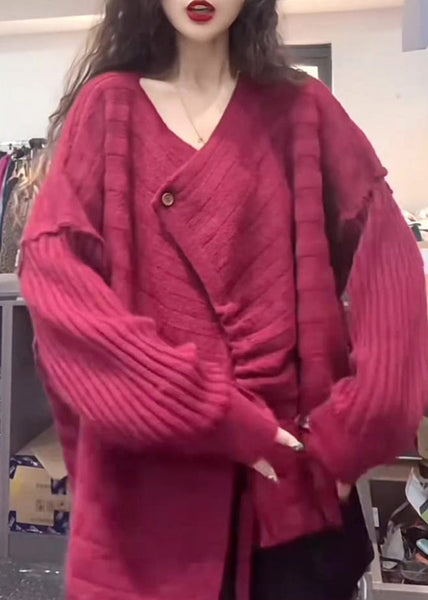 Style Rose V Neck Cinched Asymmetrical Patchwork Knit Top Fall WE006 HS-NTP241028