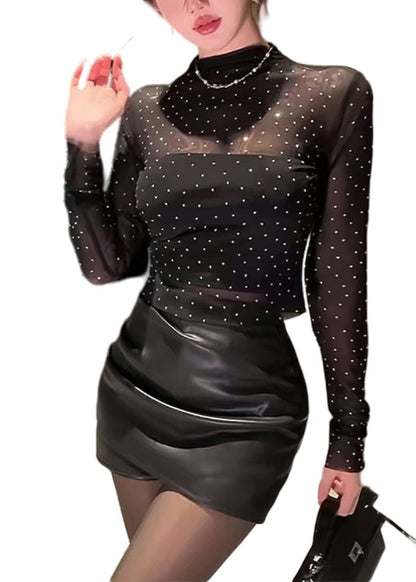 Style Sexy Black Half High Neck Zircon Tulle Top Fall AL1074 Genistyle Shop