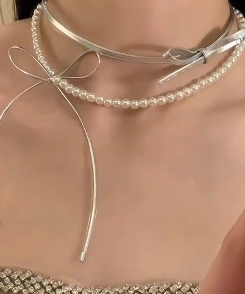 Style Silk Copper Portex Pearl Bow Pendant Necklace YR014 ABC