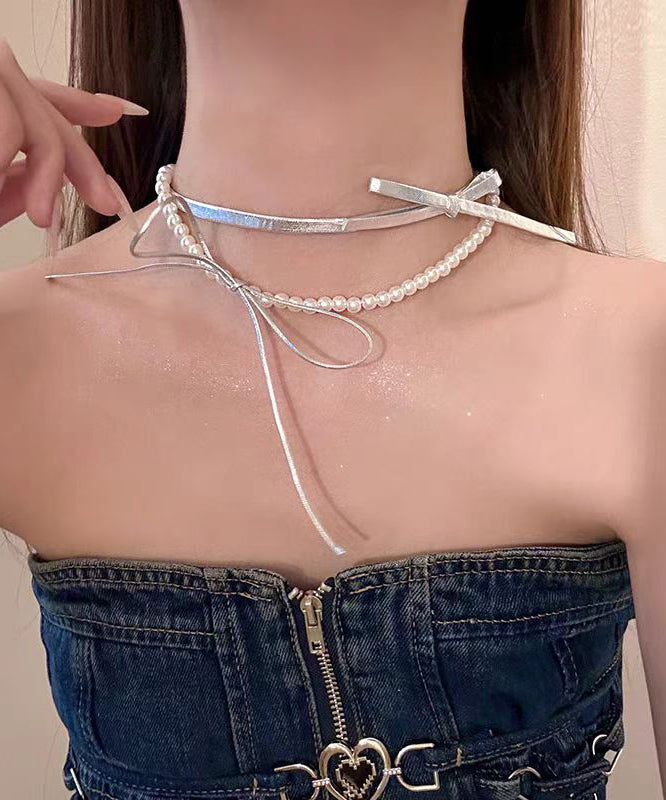 Style Silk Copper Portex Pearl Bow Pendant Necklace YR014 ABC