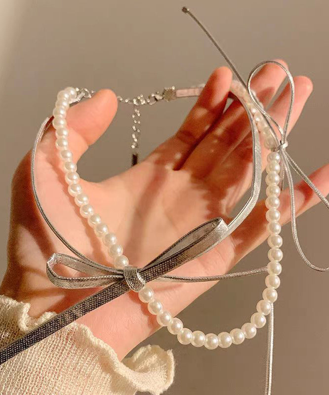 Style Silk Copper Portex Pearl Bow Pendant Necklace YR014 ABC