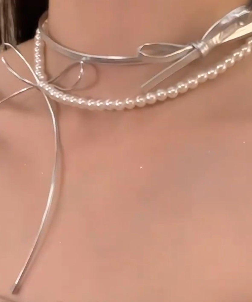 Style Silk Copper Portex Pearl Bow Pendant Necklace YR014 ABC