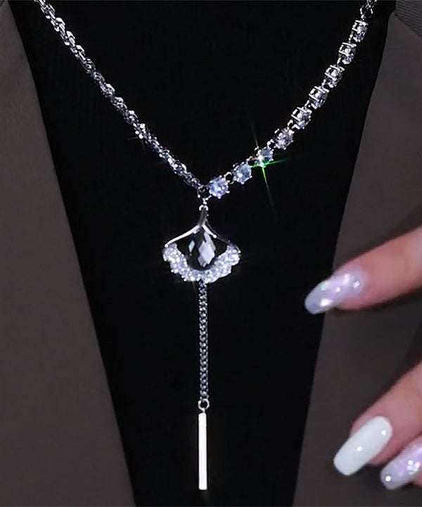 Style Silk Sterling Silver Zircon Ginkgo Leaf Tassel Lariat Necklace GH1004 Ada Fashion