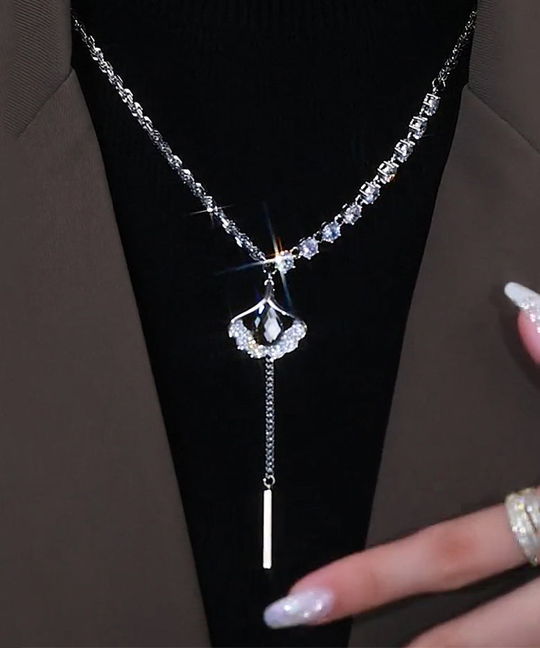 Style Silk Sterling Silver Zircon Ginkgo Leaf Tassel Lariat Necklace GH1004 Ada Fashion