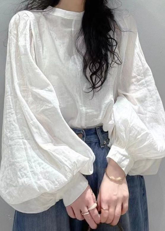 Style Simple White Cotton Shirt Tops Lantern Sleeve RU035 ABC