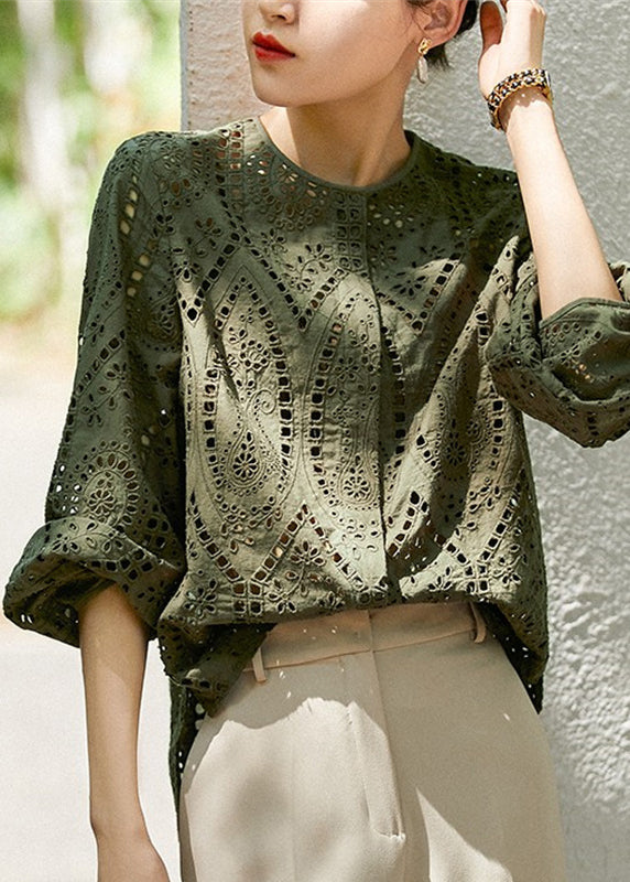 Style Top Out Green Tea Embroidered Fall Cotton Hollow FashionChic