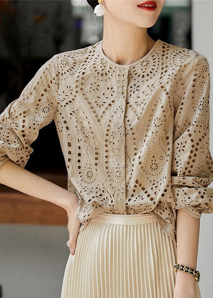 Style Top Out Green Tea Embroidered Fall Cotton Hollow FashionChic