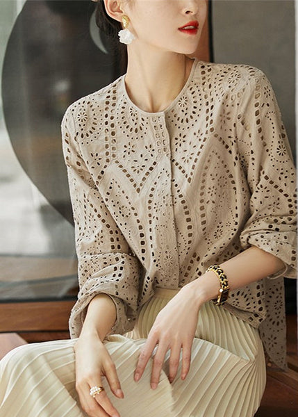 Style Top Out Green Tea Embroidered Fall Cotton Hollow FashionChic