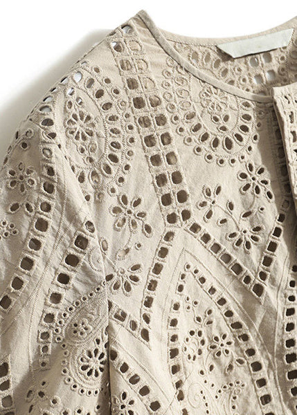 Style Top Out Green Tea Embroidered Fall Cotton Hollow FashionChic