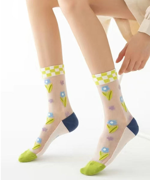 Style Thin Jacquard Sheer Mesh Crew Socks KJ052 WZ240714