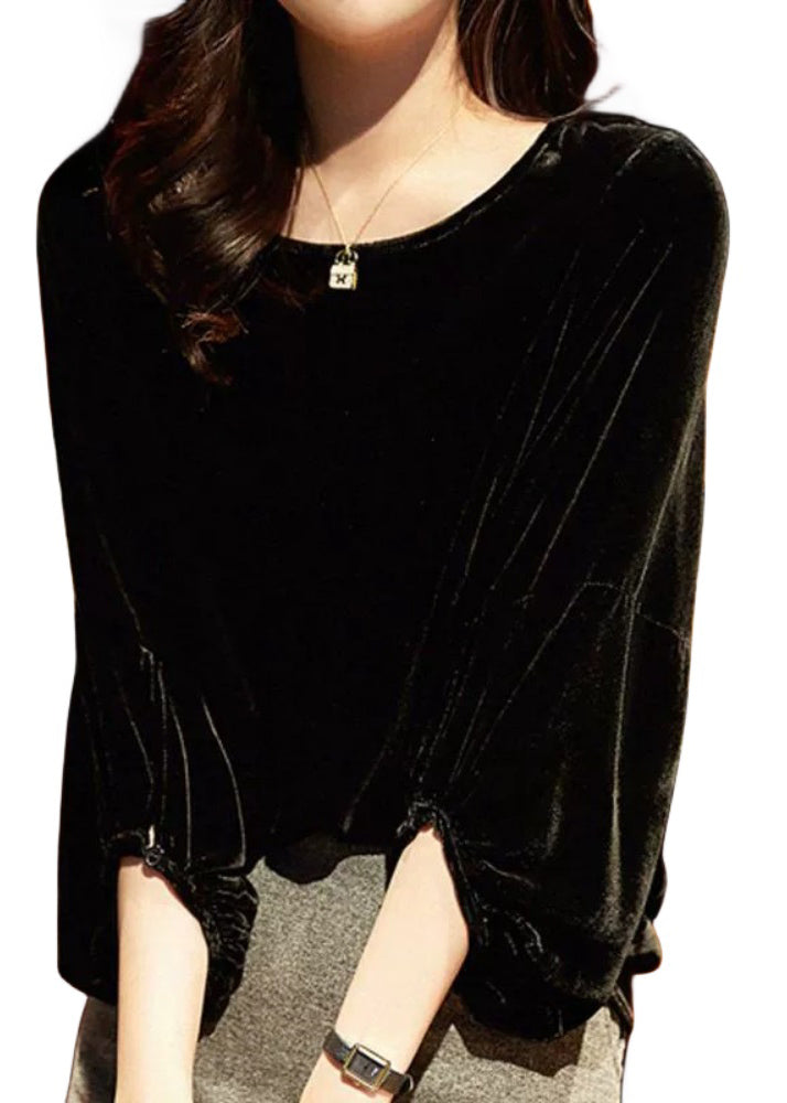 Style Versatile  Black O Neck Velour Blouse Top Lantern Sleeve BV073 MZF-LTP240702