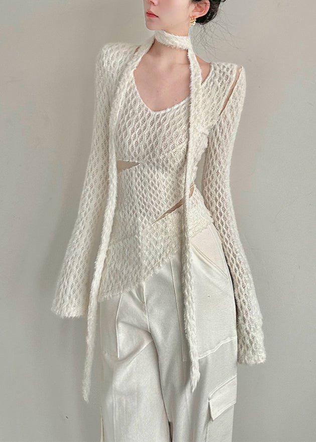 Style White Asymmetrical Hollow Out Knit Shirt Top Fall AL1060 Genistyle Shop