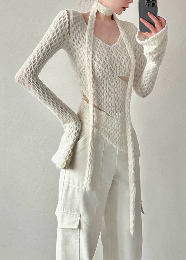 Style White Asymmetrical Hollow Out Knit Shirt Top Fall AL1060 Genistyle Shop