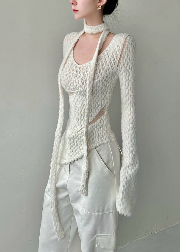 Style White Asymmetrical Hollow Out Knit Shirt Top Fall AL1060 Genistyle Shop