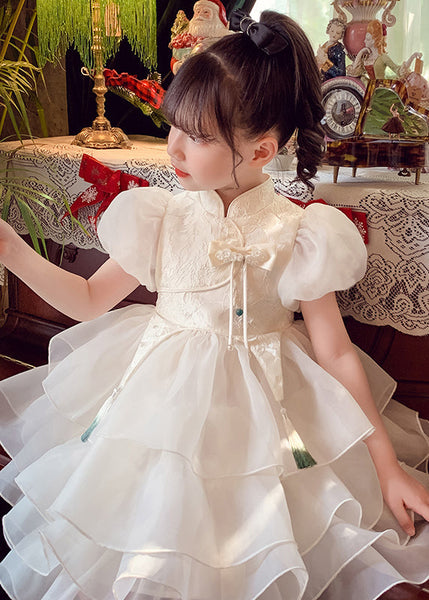 Button Maxi Tassel Style Dress Kids Tulle White Summer FashionChic