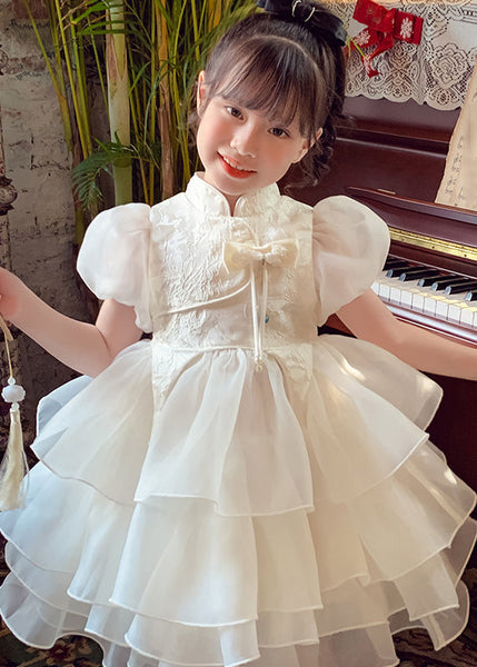 Button Maxi Tassel Style Dress Kids Tulle White Summer FashionChic