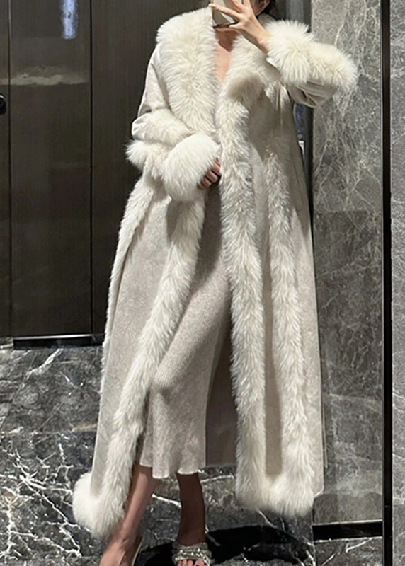 Style White Fox Collar Patchwork Pockets Leather And Fur Long Coats Winter RP020 ABC