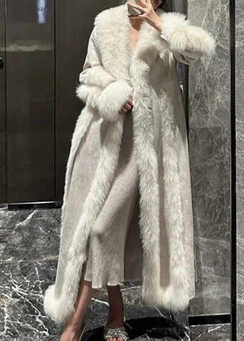 Style White Fox Collar Patchwork Pockets Leather And Fur Long Coats Winter RP020 ABC